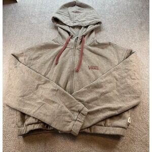 VANS Cropped Hoodie Womens S Gray w pink Embroidered Logo Full Zip Sweatshirt